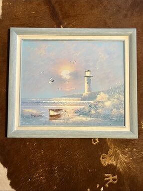 Original Lighthouse Seascape, Hand Painted, Not A Print! By F. Carpenter